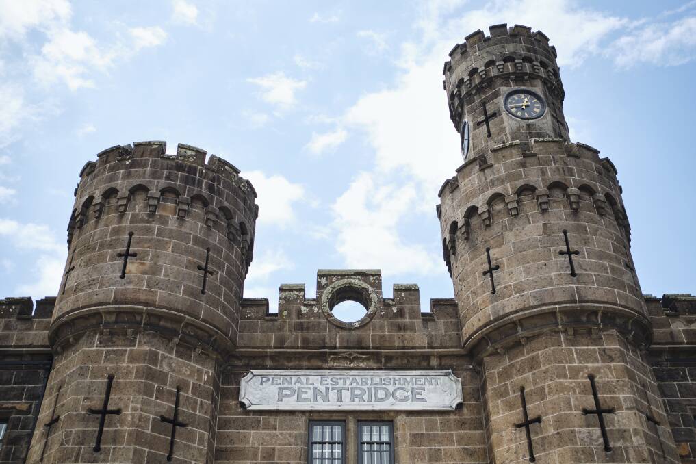 The prison's stone turrets with Crusader-like crosses. The prison's stone turrets with Crusader-like crosses.