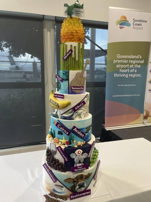 A cake celebrating Bonza's inaugural flight, featuring regional centres on Bonza's route map, including Tamworth, Newcastle and Albury. Picture: Sarah Maguire A cake celebrating Bonza's inaugural flight, featuring regional centres on Bonza's route map, including Tamworth, Newcastle and Albury. Picture: Sarah Maguire