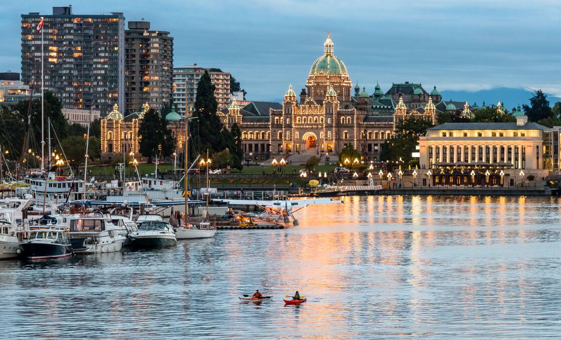 The dazzling city of Victoria on Vancouver Island after sunset.