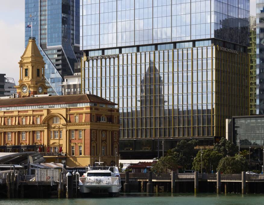 The hotel's shiny facade.