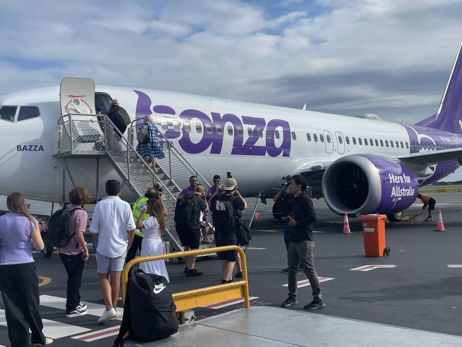 Passengers board the maiden flight of Bonza low-cost airline. Picture: Sarah Maguire Passengers board the maiden flight of Bonza low-cost airline. Picture: Sarah Maguire