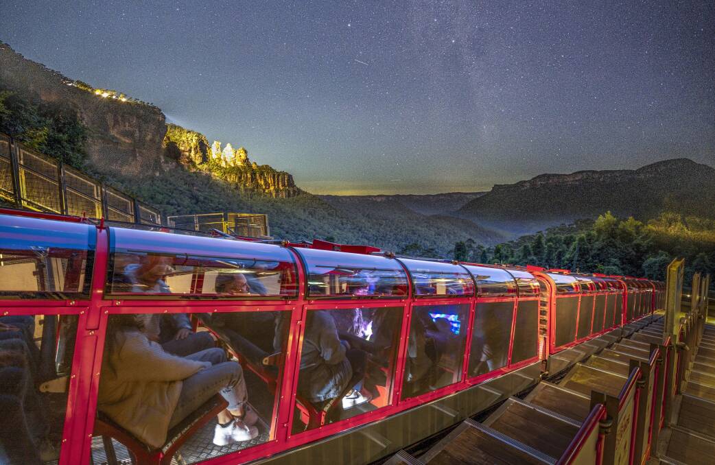 Scenic Railway with lit-up Three Sisters. Picture: Gary P Hayes Photography