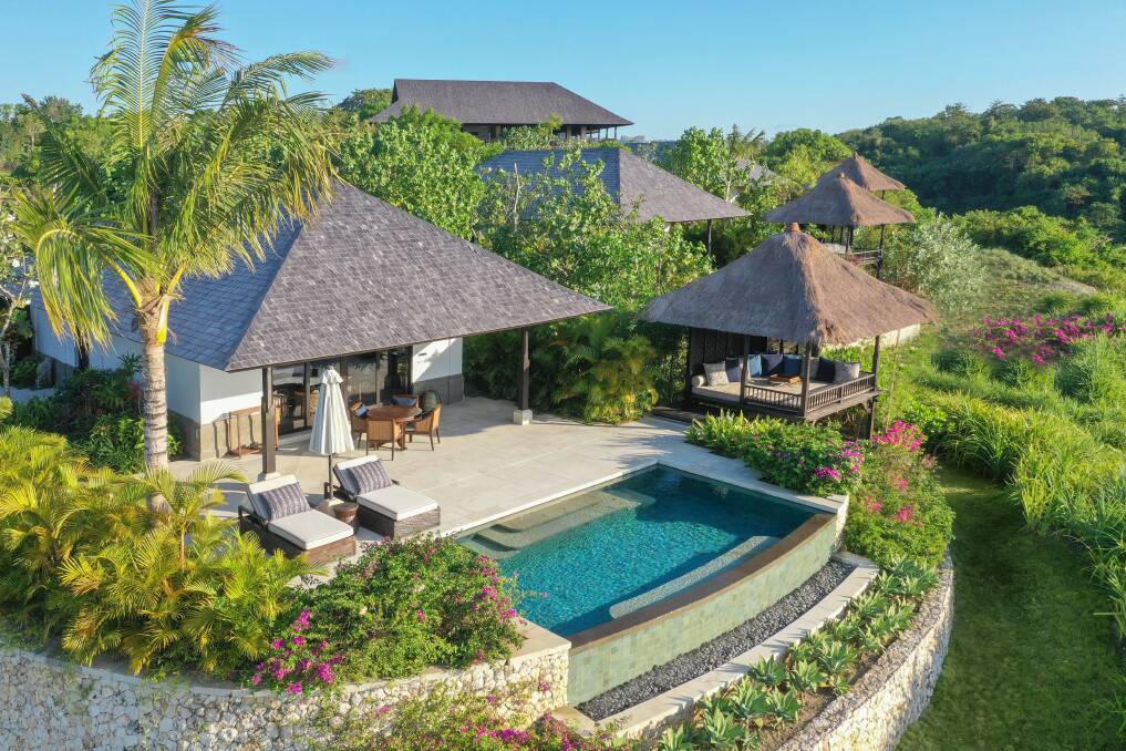 The terrace of a hilltop pool villa.
