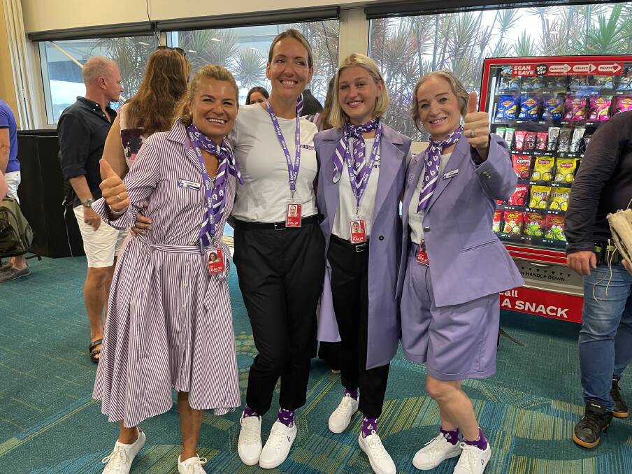 Cabin crew in their Bonza uniforms, designed by Total Image Group of Sydney. Picture: Sarah Maguire Cabin crew in their Bonza uniforms, designed by Total Image Group of Sydney. Picture: Sarah Maguire
