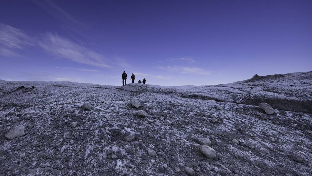 Walking on the moraine. Picture by Jocelyn Pride