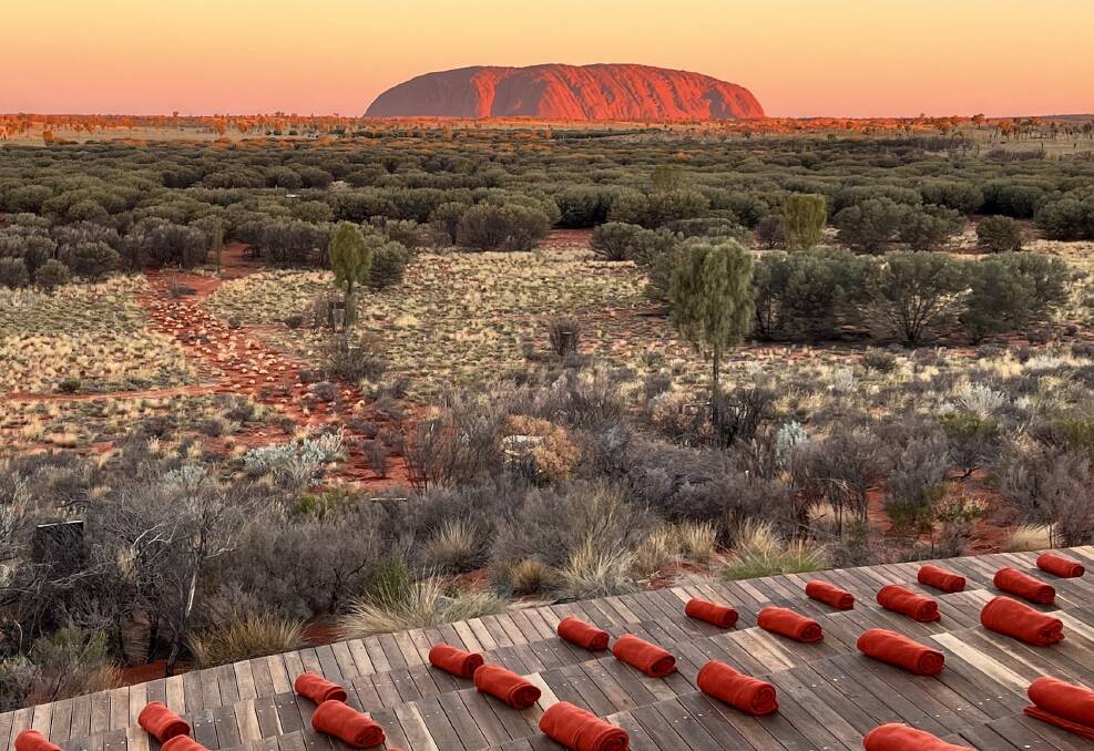 The stage set for the Wintjiri Wiru drone, sound and light show with Uluru in the background. Picture: Saffron Howden The stage set for the Wintjiri Wiru drone, sound and light show with Uluru in the background. Picture: Saffron Howden