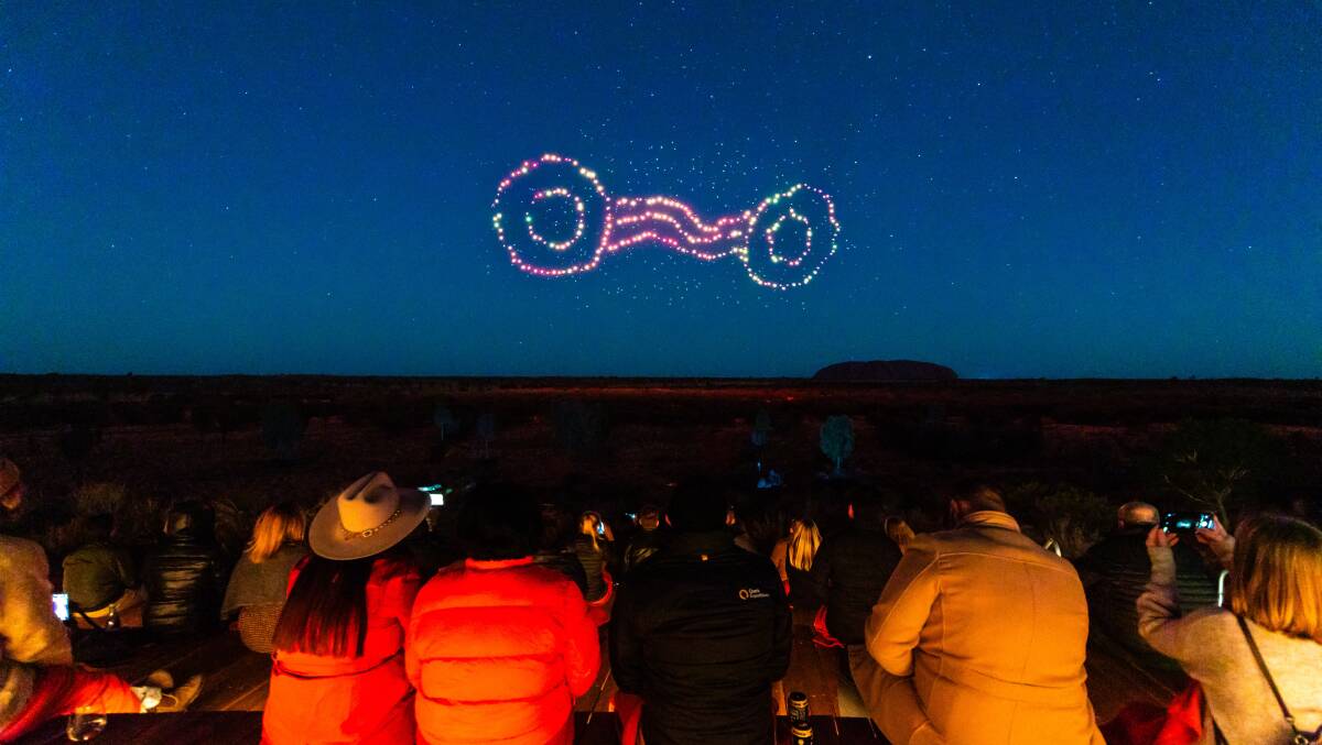 Part of the Wintjiri Wiru drone, sound and light show at Uluru in the Northern Territory launched on May 10, 2023. Picture: Getty Images for Voyages Indigenous Tourism Australia Part of the Wintjiri Wiru drone, sound and light show at Uluru in the Northern Territory launched on May 10, 2023. Picture: Getty Images for Voyages Indigenous Tourism Australia