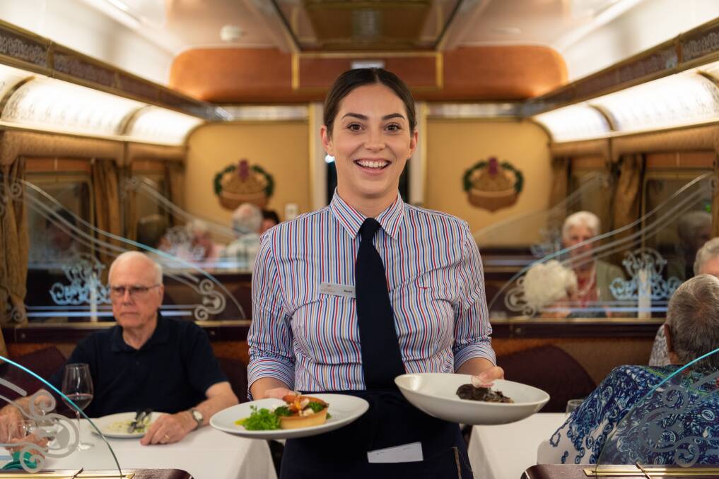 Exquisite dining is enjoyed in the Queen Adelaide restaurant aboard the Great Southern train.