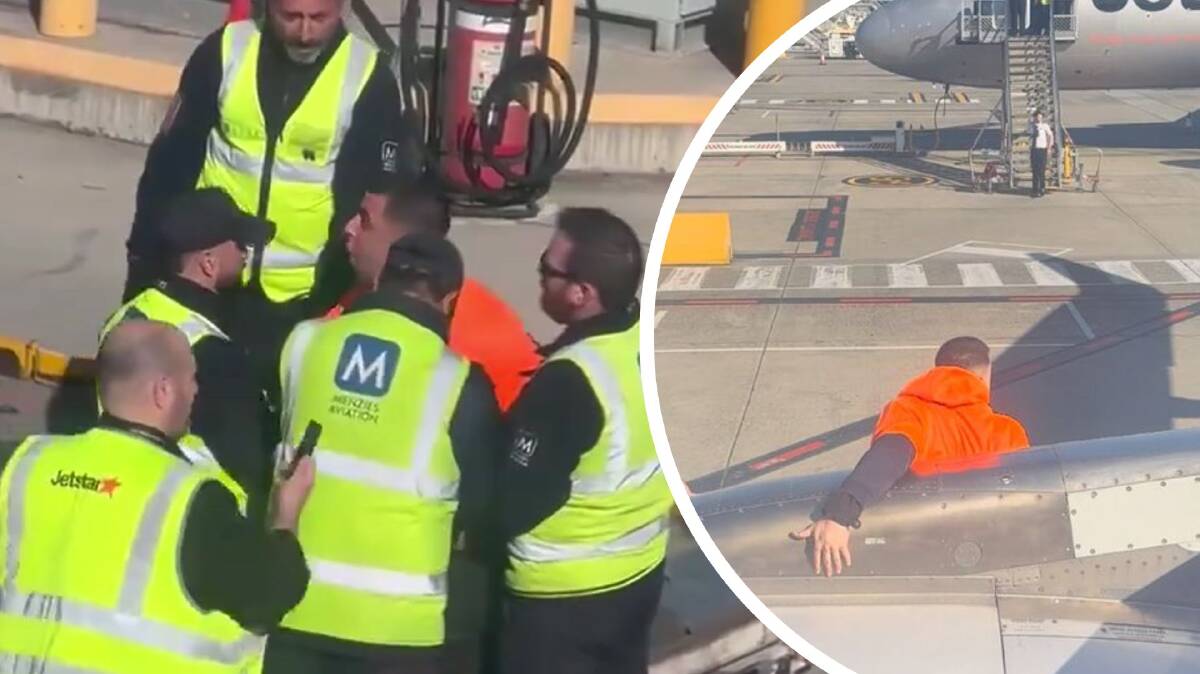 Social media posts show the man exiting the plane. Picture by X/James Gordon Social media posts show the man exiting the plane. Picture by X/James Gordon