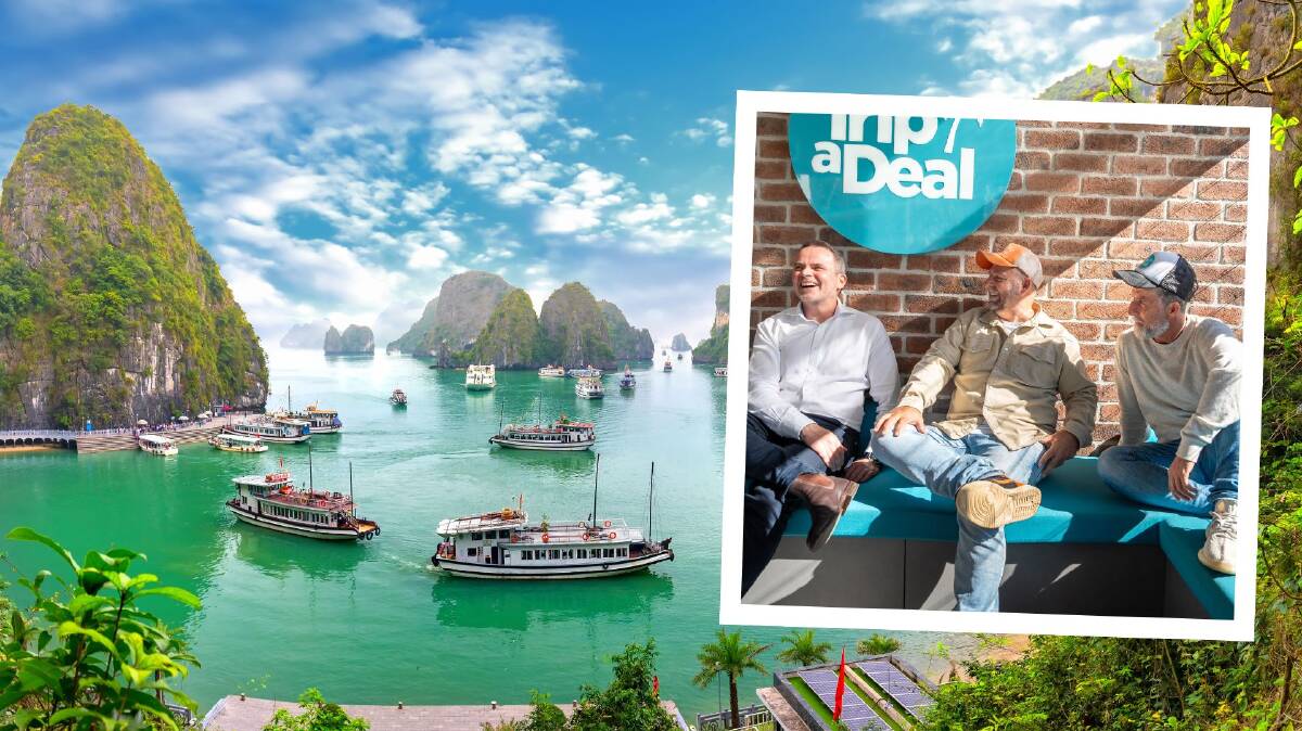 The founders of TripADeal (inset) and Halong Bay in Vietnam, one of the destinations they cover. Picture: Shutterstock; Qantas