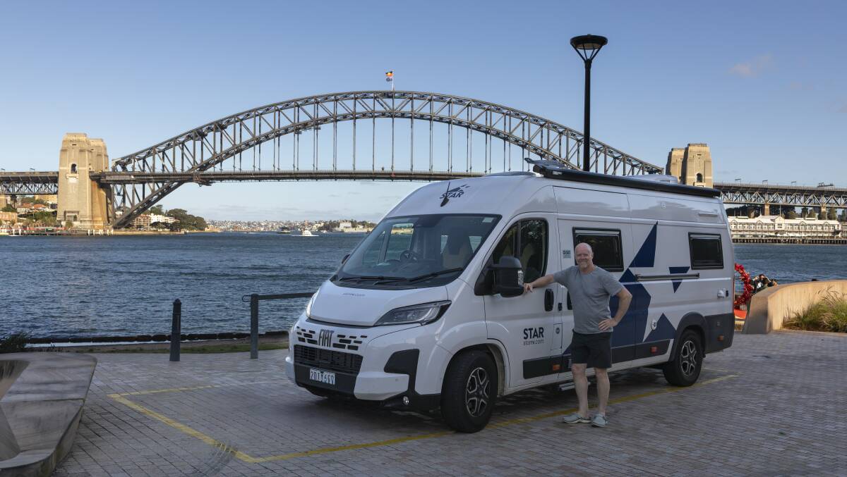 The writer beside his Star RV Polaris 2 motorhome at Blues Point Reserve on Sydney Harbour. The writer beside his Star RV Polaris 2 motorhome at Blues Point Reserve on Sydney Harbour.