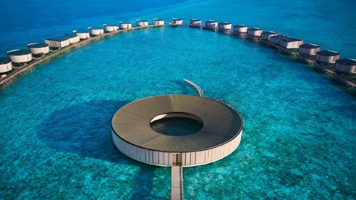 The Ritz-Carlton's circular spa, fringed by round overwater villas. The Ritz-Carlton's circular spa, fringed by round overwater villas.