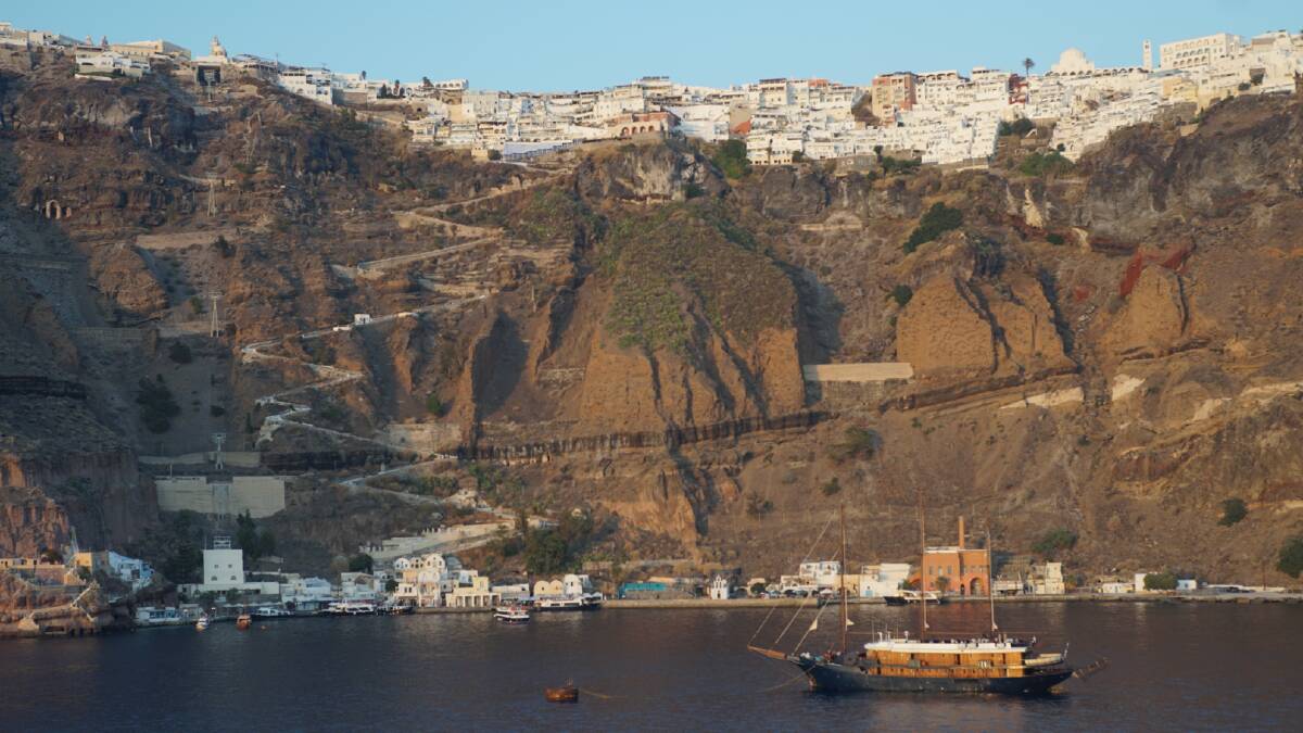 View from the deck in Santorini. Picture: John-Paul Moloney View from the deck in Santorini. Picture: John-Paul Moloney
