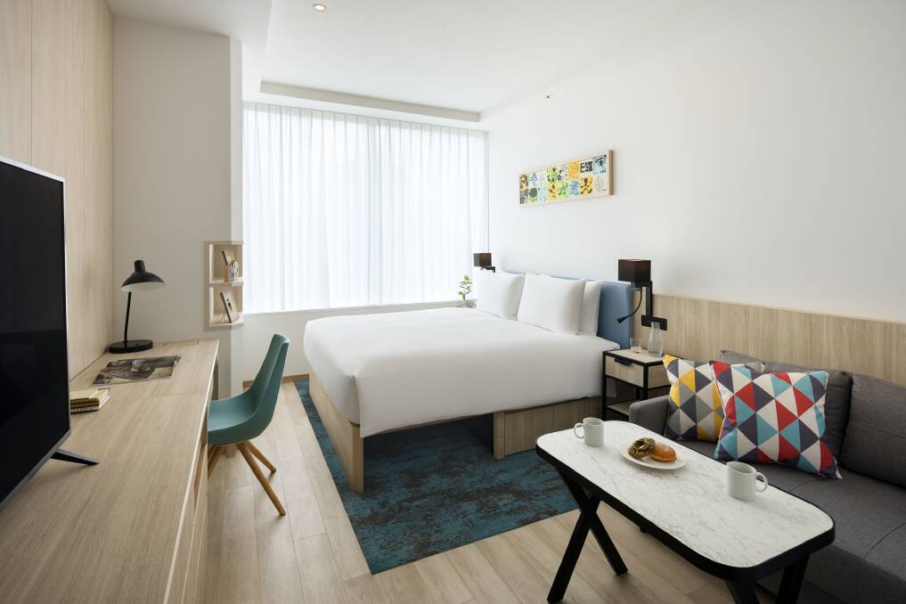A guestroom at Hyatt House Tokyo Shibuya. A guestroom at Hyatt House Tokyo Shibuya.
