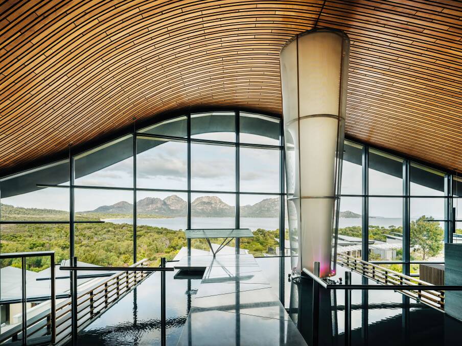 The foyer of Saffire Freycinet with views of the Great Oyster Bay and Hazards mountains.