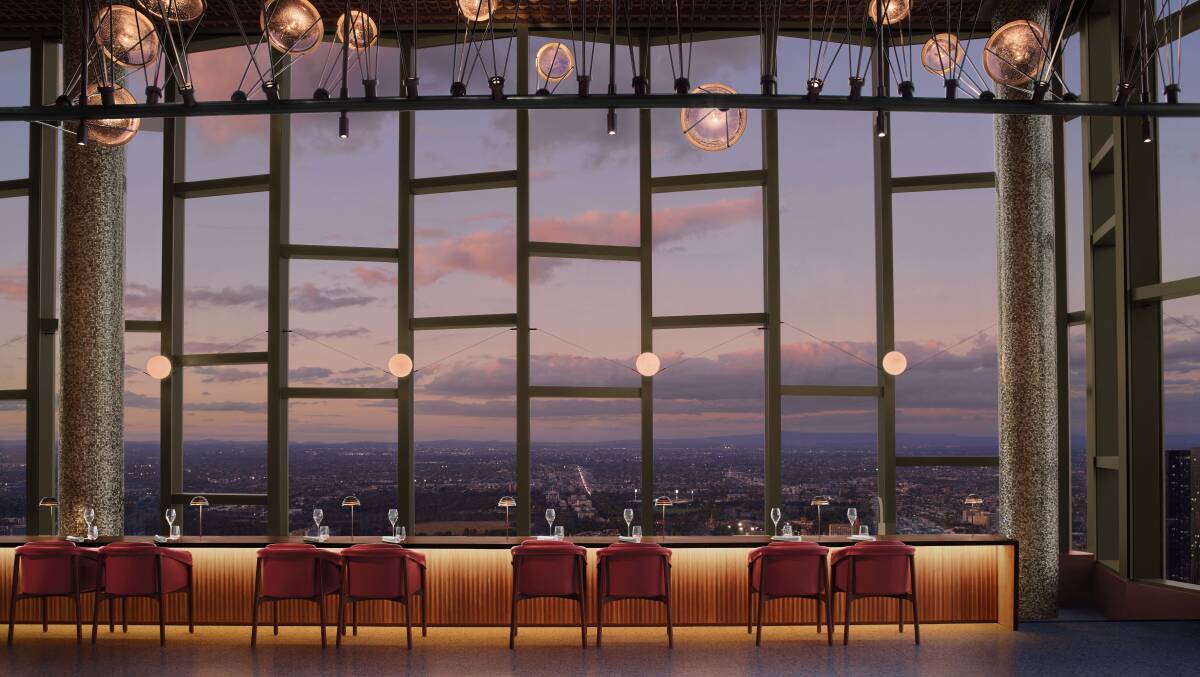 The horizontal chandelier and 19-metre Victoria ash table at Atria restaurant.