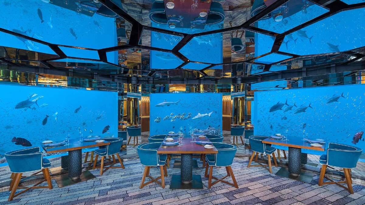 Underwater Sea restaurant at Anantara Kihavah. Underwater Sea restaurant at Anantara Kihavah.