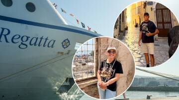 Regatta cruise ship in Rome (main image) with Ingrid (inset left) and Mark Dudley (inset right). Pictures supplied