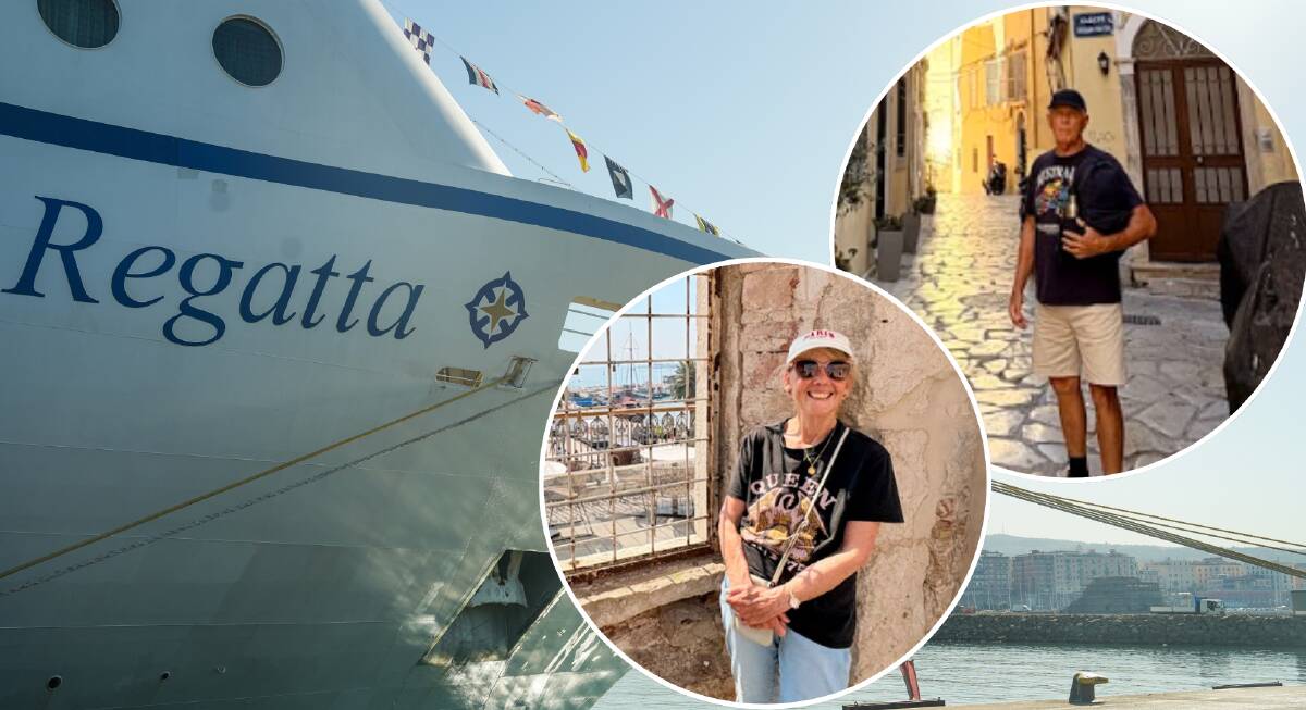 Regatta cruise ship in Rome (main image) with Ingrid (inset left) and Mark Dudley (inset right). Pictures supplied