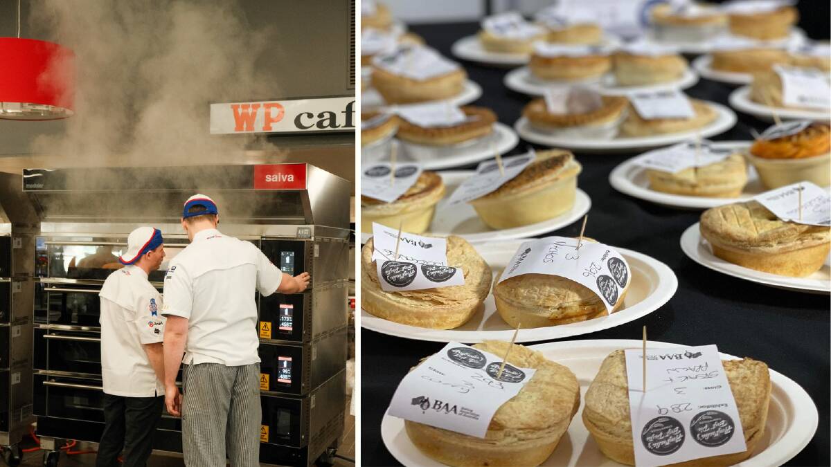 Bakers use a steam oven (left) and pies at the Baking Association competition (right). Picture BAA
