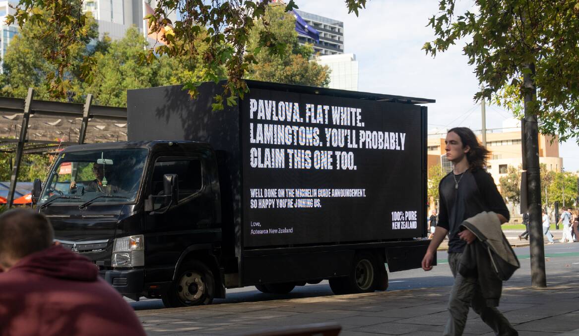 Tourism New Zealand congratulates the South Australia Tourism Commission on the Michelin Guide announcement with a tongue-in-cheek billboard. Picture Tourism New Zealand