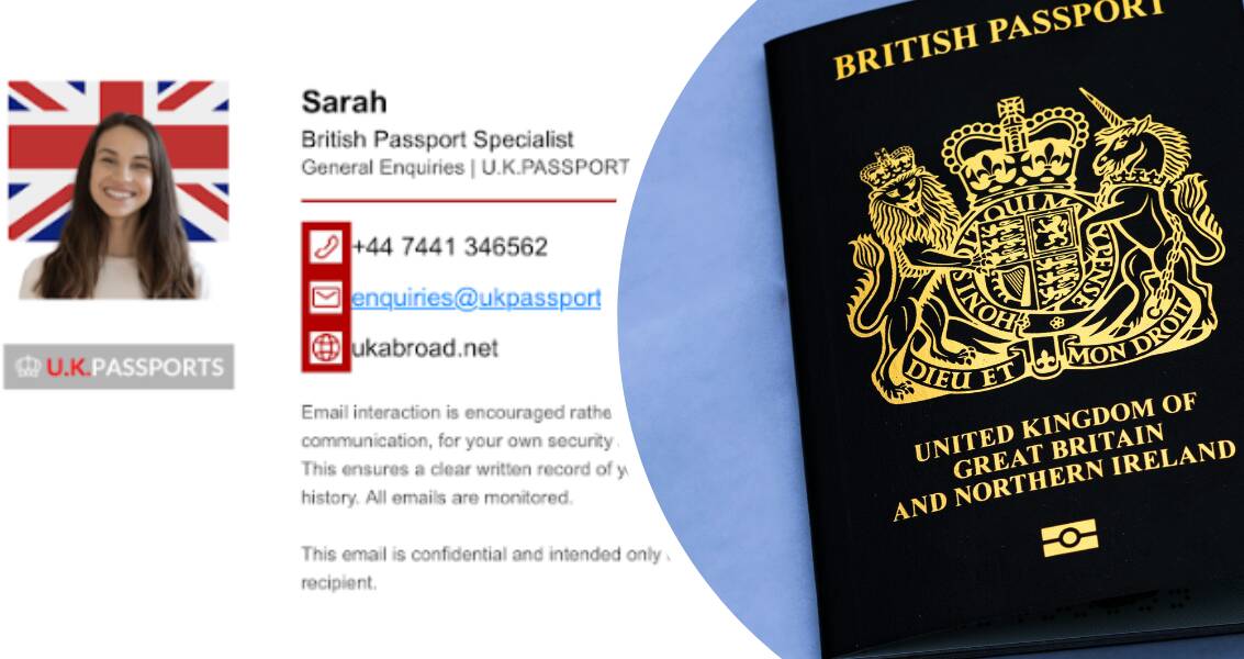 An email sign-off from a UK passport service that Charlotte uploaded her information to, seeking answers about a document renewal (left) and a British Passport (right). Picture supplied/Unsplash An email sign-off from a UK passport service that Charlotte uploaded her information to, seeking answers about a document renewal (left) and a British Passport (right). Picture supplied/Unsplash
