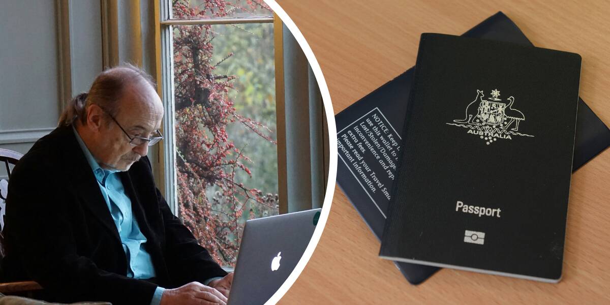 Man uses laptop (left) an Australian passport. Picture file/Unsplash