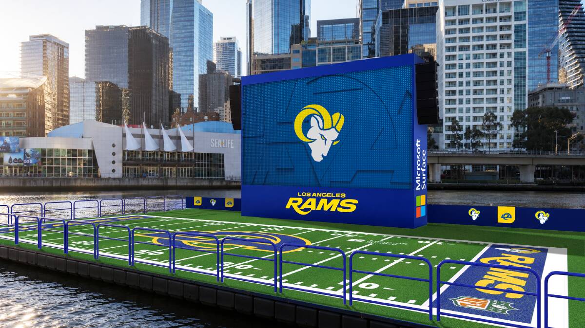 Los Angeles Rams floating football field on the Yarra River. Picture supplied