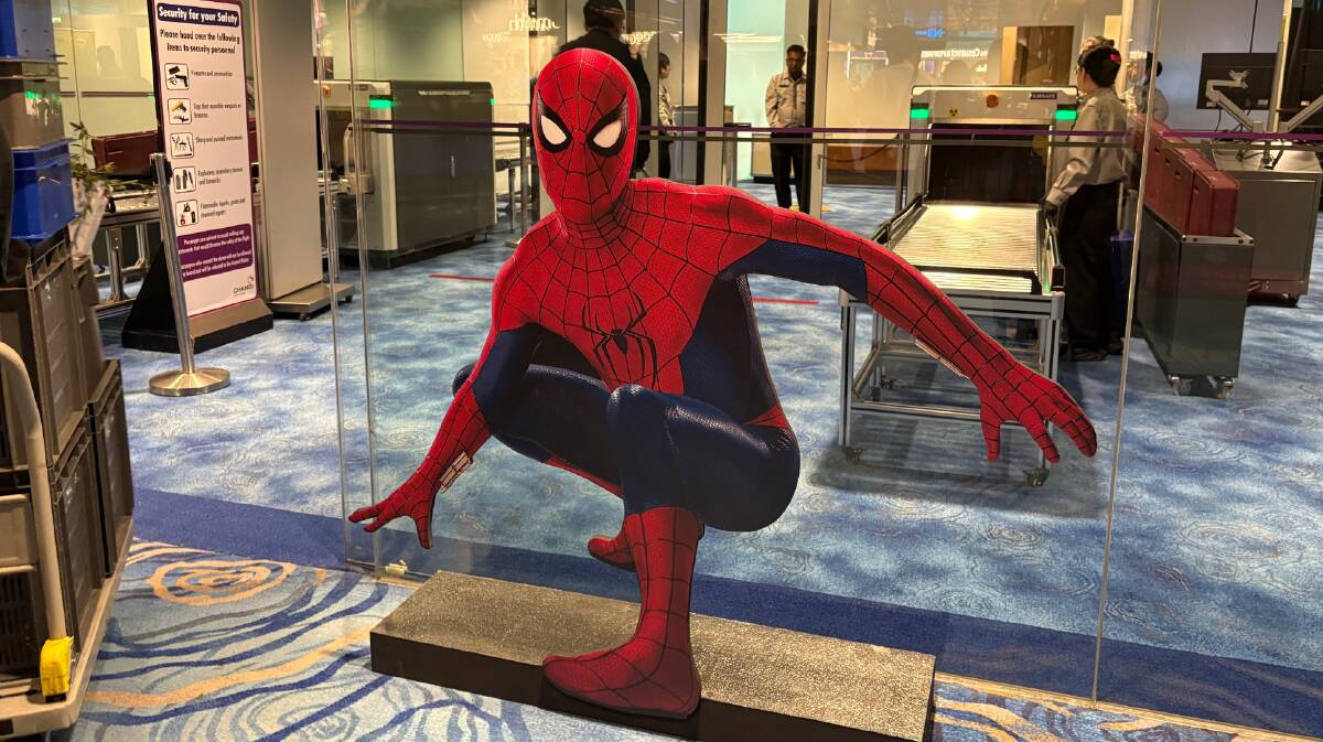 A Spider-Man cut-out at Changi Airport. Picture by Anna Houlahan