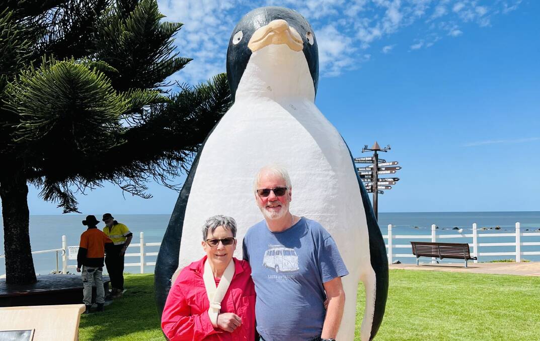 Michelle and Patrick White with the Big Penguin in Penguin, Tasmania. Picture supplied