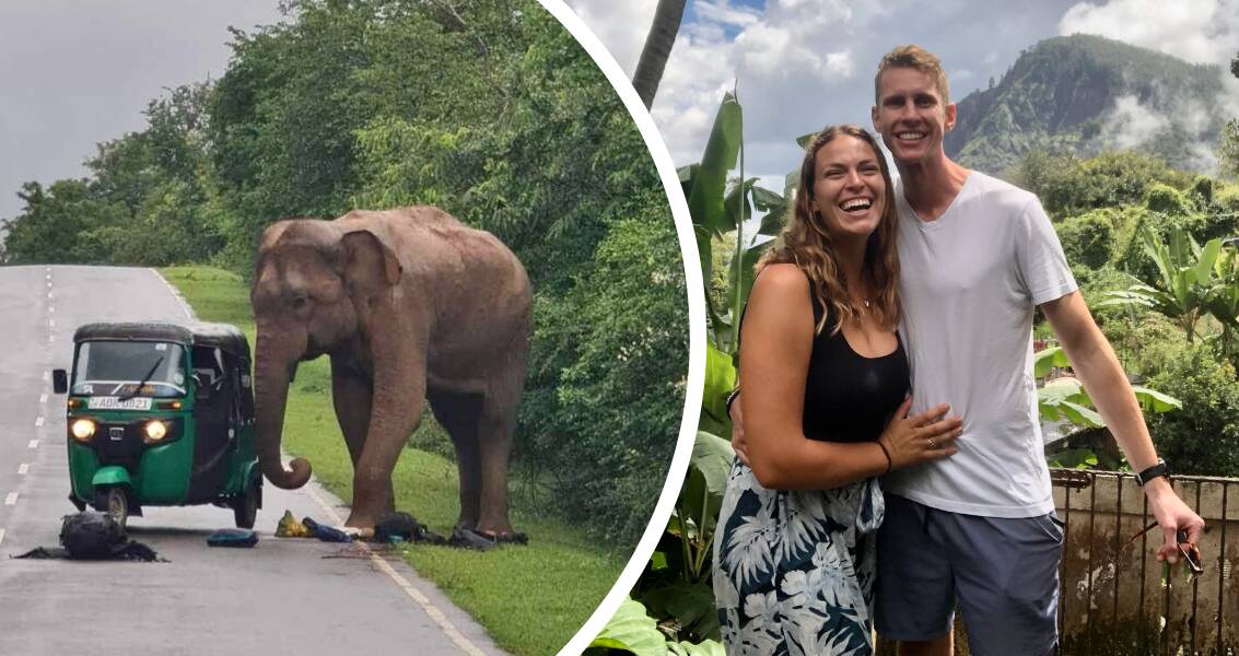 Elephant raids a tuk-tuk in Sri Lanka (left) and Darcie Van Huisstede with her partner Matt (right). Picture supplied