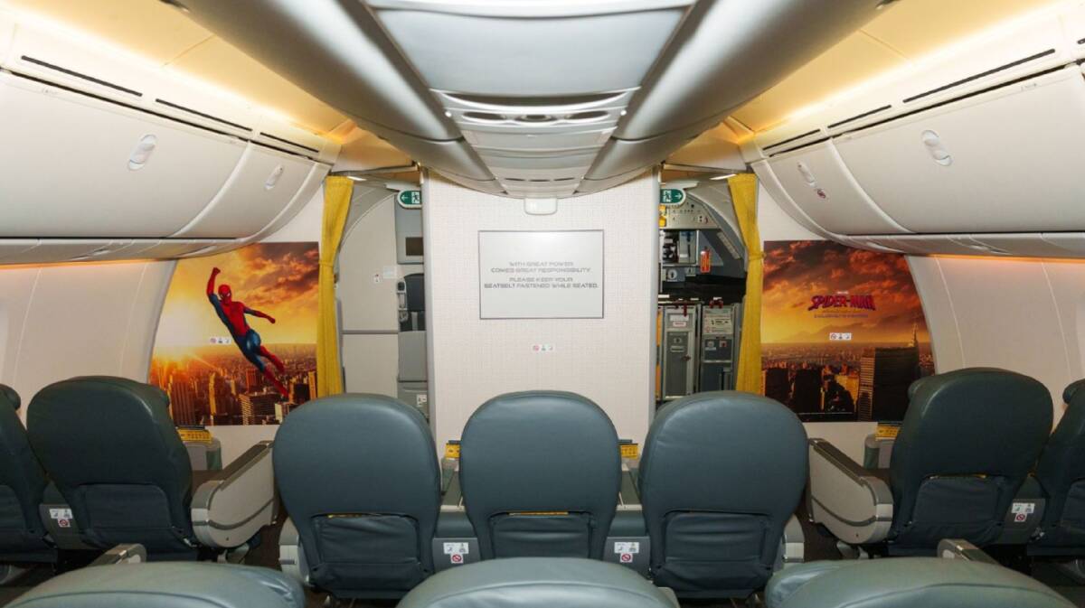 Inside Scoot's Economy cabin as the airline celebrates the release of Spider-Man: Brand New Day.