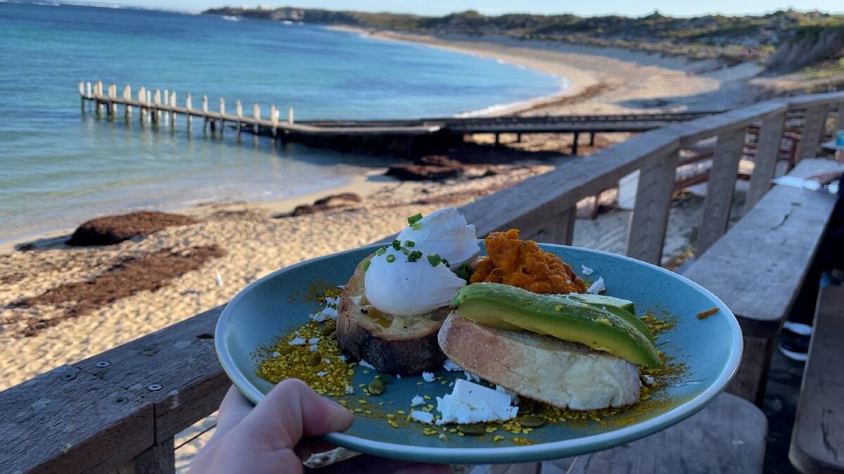 Smashed pumpkin breakfast with a view of Gnarabup Beach at White Elephant Beach Cafe. Picture: Marlene Even