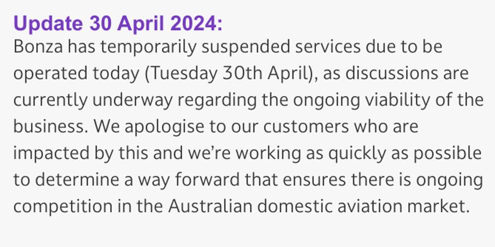 A message regarding the cancellations appeared on Bonza's website on April 30. Picture by www.flybonza.com A message regarding the cancellations appeared on Bonza's website on April 30. Picture by www.flybonza.com
