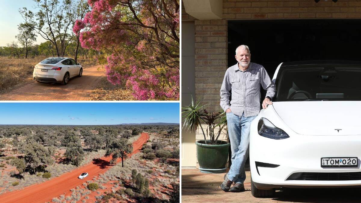 Left, the Hunts on their road trip around Australia, right, Tom Hunt with his Tesla. Left pictures supplied, right picture by Robert Peet Left, the Hunts on their road trip around Australia, right, Tom Hunt with his Tesla. Left pictures supplied, right picture by Robert Peet