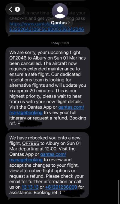 Elene Di Fiore received SMS notification that the final flight to Albury had been cancelled. Picture supplied Elene Di Fiore received SMS notification that the final flight to Albury had been cancelled. Picture supplied