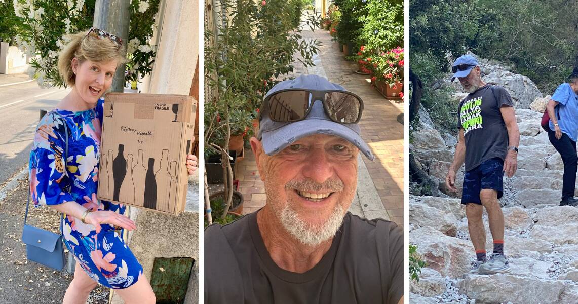 Rex Hewett (middle) and his friends enjoying the local wine and scenery in Cassis, France. Pictures supplied Rex Hewett (middle) and his friends enjoying the local wine and scenery in Cassis, France. Pictures supplied