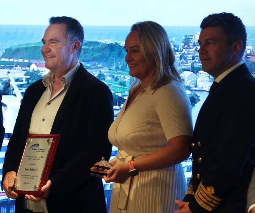 Scenic Group chairman and founder Glen Moroney, Newcastle Lord Mayor Nuatali Nelmes and senior captain Erwan le Rouzic on board the Scenic Eclipse II. Picture: Simone De Peak