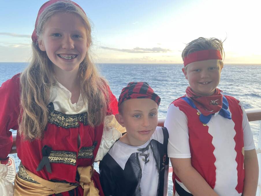 My daughter Maggie (left) and son Louis (right) and Louis' friend Jack (middle) dressed up for pirate night on the cruise. Picture by Megan Doherty My daughter Maggie (left) and son Louis (right) and Louis' friend Jack (middle) dressed up for pirate night on the cruise. Picture by Megan Doherty