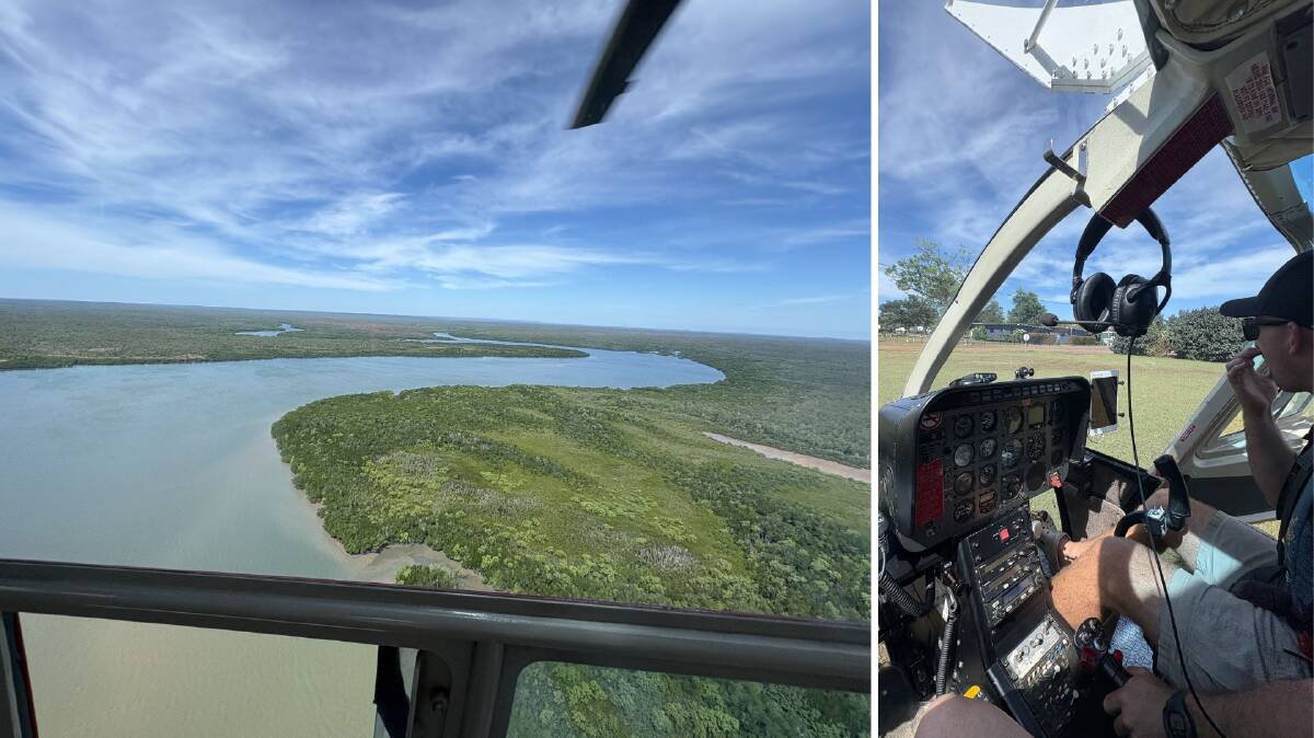 Left, flying over an estuary outside of Darwin. Right, our pilot Clancy. Picture by Jessica Brown