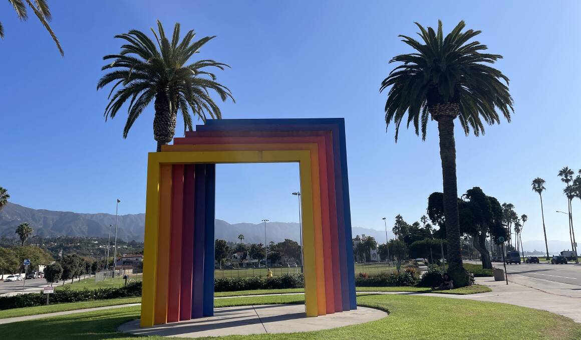 The rainbow coloured Chromatic Gate on the boardwalk in Santa Barbara. Picture by James Gardiner