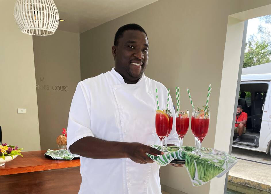 Mangoes Restaurant head chef Taru welcoming us with refreshments upon arrival. Picture: Emma Horn Mangoes Restaurant head chef Taru welcoming us with refreshments upon arrival. Picture: Emma Horn