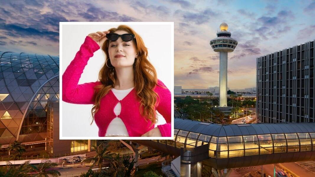 TikToker Maddy MacRae (inset) and Changi Airport, where she is living for a week.