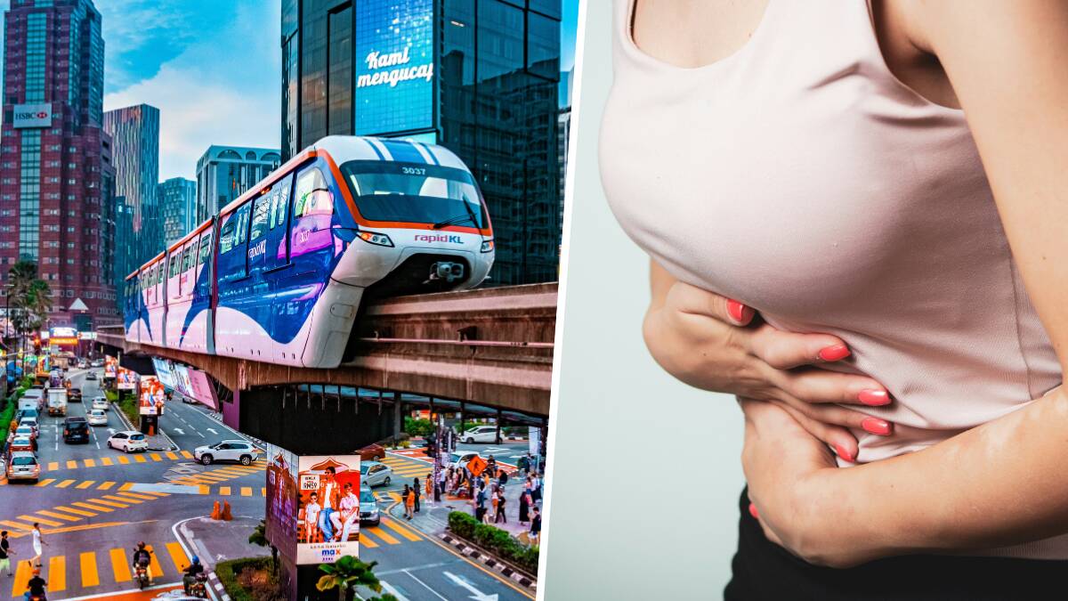 Malaysia and (right) a woman holds her sore stomach. Pictures by Hongwei Fan/Sasun Bughdaryan (Unsplash)