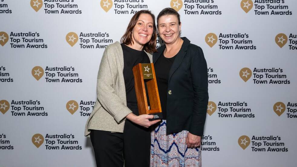 Devonport City Council delegates, (left) Linda Petersen and Susan Foster accepting the award on behalf of Devonport at the 2024 Top Tourism Town Awards. Picture supplied Devonport City Council delegates, (left) Linda Petersen and Susan Foster accepting the award on behalf of Devonport at the 2024 Top Tourism Town Awards. Picture supplied