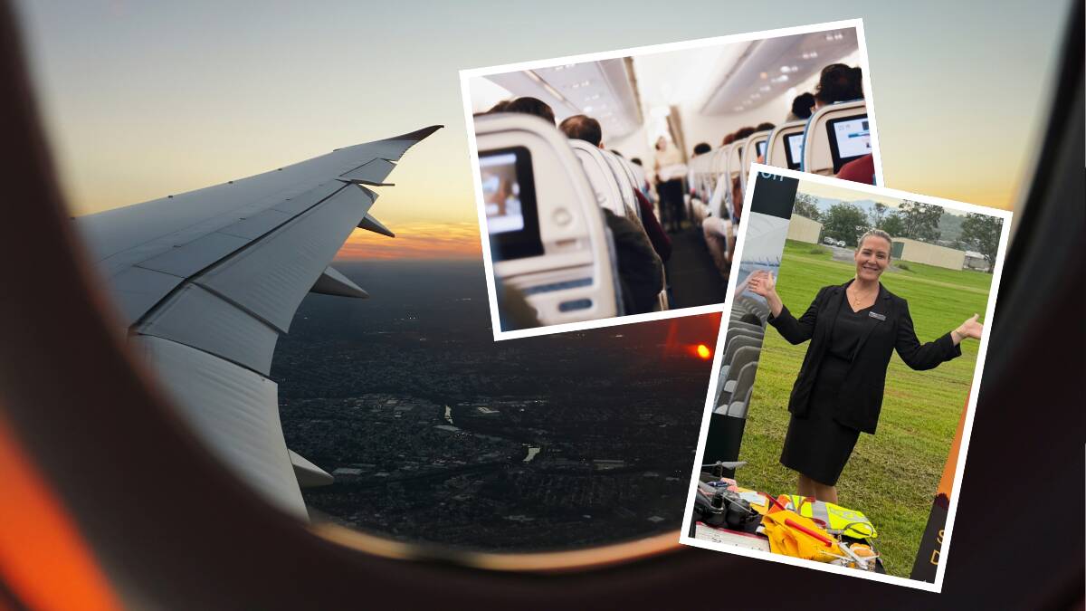 The view from a plane window (main) with an aircraft cabin and (right) cabin crew teacher Erin Eames from NSW TAFE. Picture from Unsplash and supplied