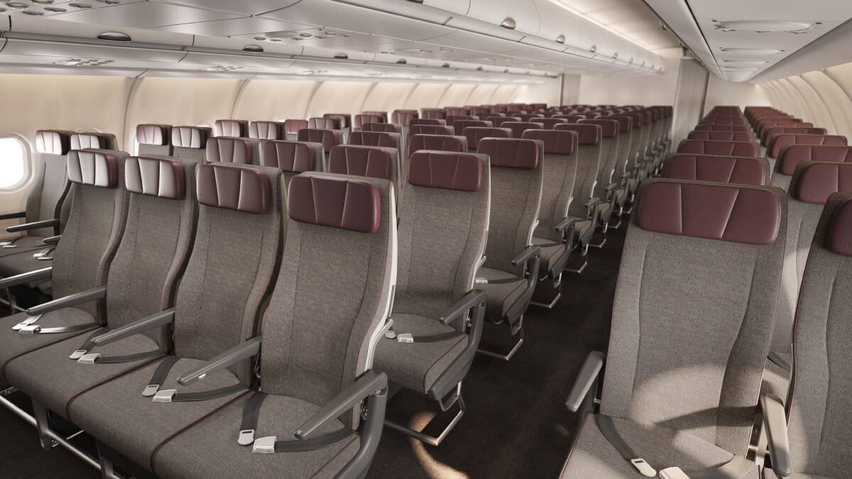 Qantas A330 cabin upgrade showing new seats in economy class. 