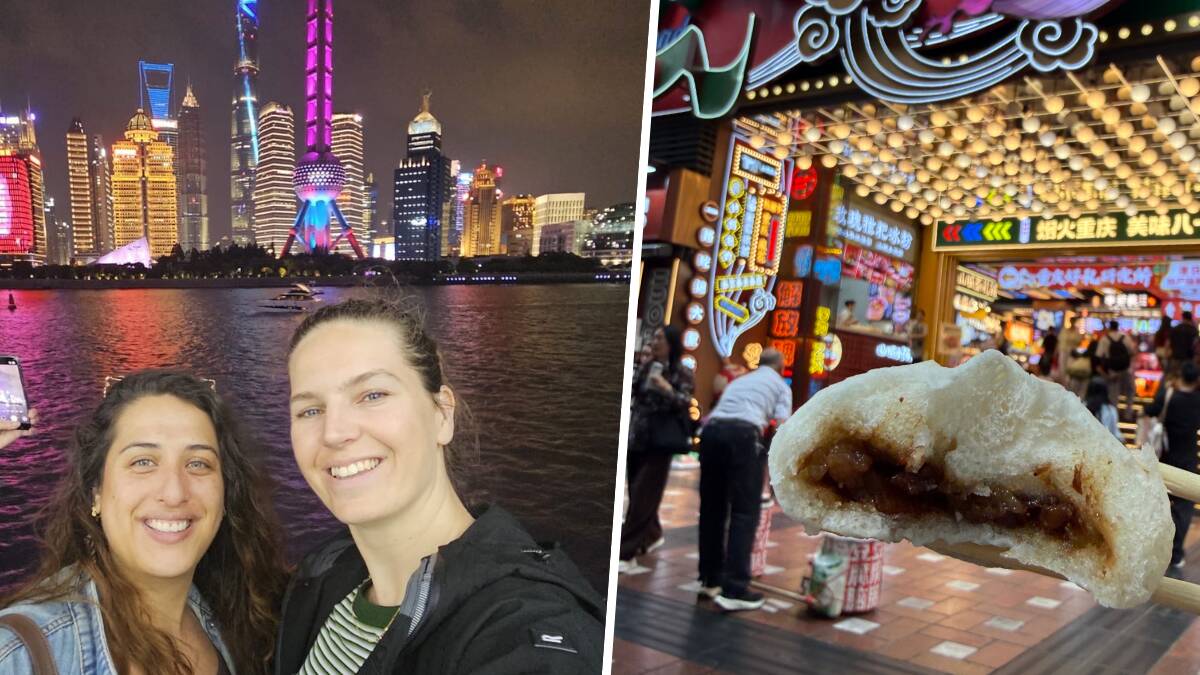 Grace Henskes (far left) in China and one of the tasty street food morsels she found during her travels. Pictures by Grace Henskes