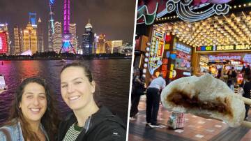 Grace Henskes (far left) in China and one of the tasty street food morsels she found during her travels. Pictures by Grace Henskes