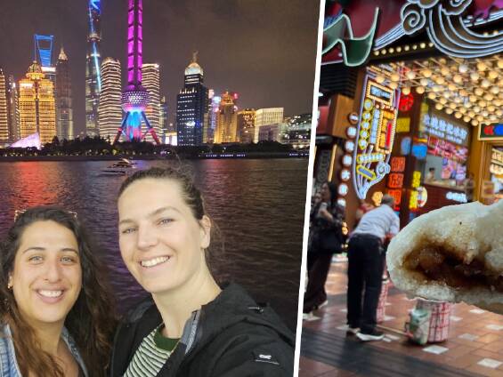 Grace Henskes (far left) in China and one of the tasty street food morsels she found during her travels. Pictures by Grace Henskes